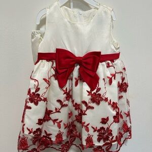 Elegant Red and White Floral Dress with Bow